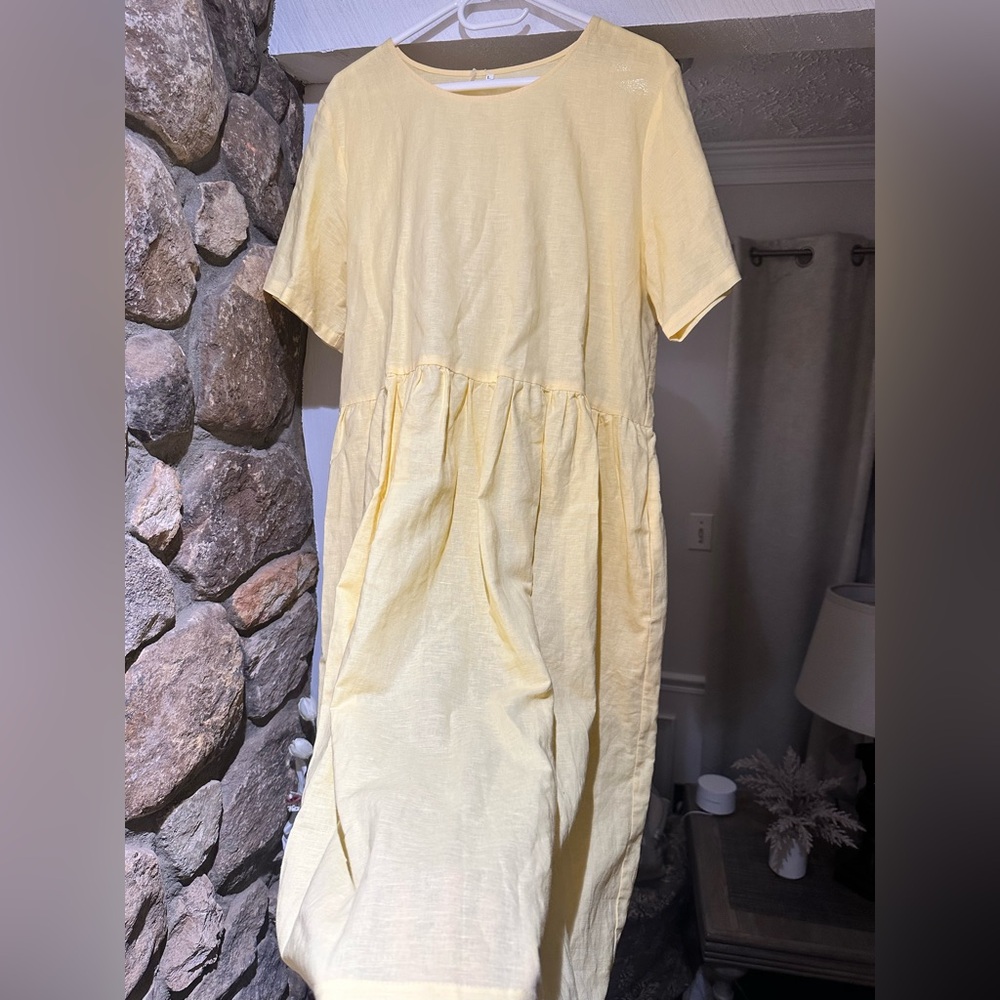 Vintage Handmade Linen Cotton Blend Midi Dress butter Yellow Cottagecore Size L - Picture 11 of 14